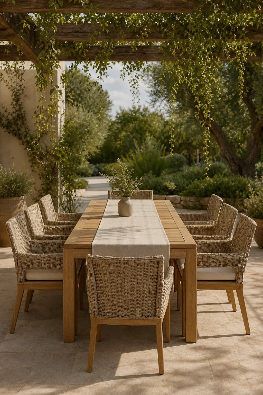 Outdoor dining set under a pergola with greenery